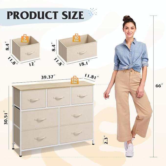 WLIVE Dresser for Bedroom, 7 Drawers, TV Stand, Cream White | 7 roomy fabric drawers, Fits TVs up to 45 inch, Bedroom or living room, Wide storage design, Chest of drawers