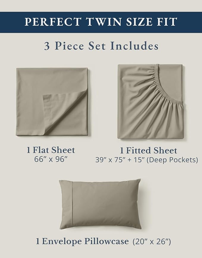 Lane Linen Twin Sheet Set 100% Organic Cotton Cooling Soft 3pc - Silver