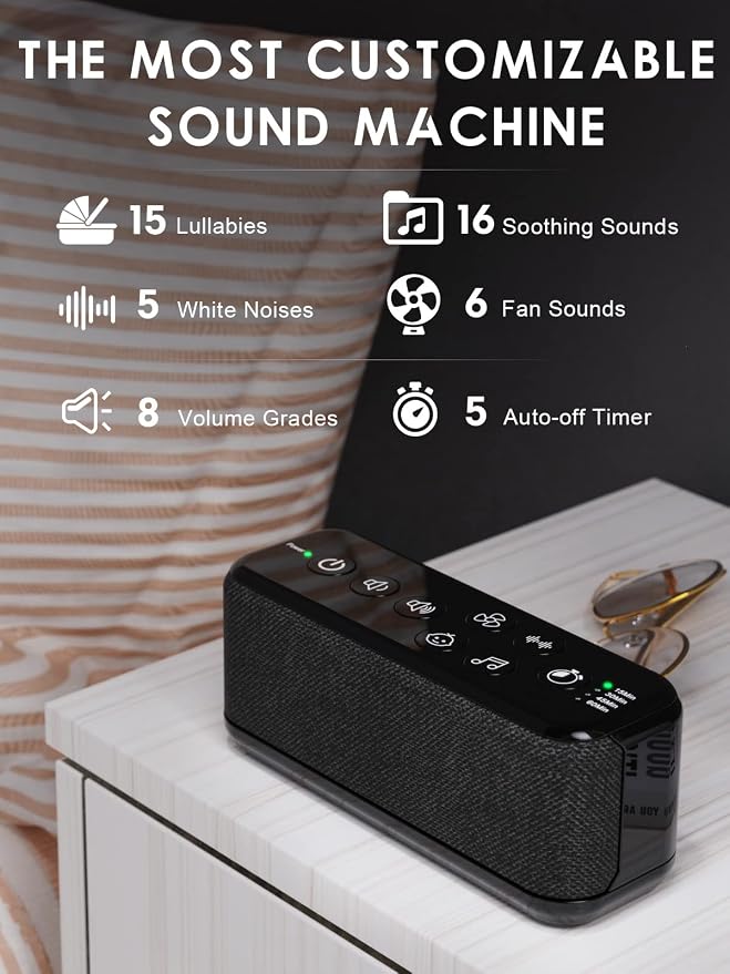 White Noise Machine with Rain Sounds, Rechargeable Sound Machine for Sleep | 42 Non-Looping Sounds, USB-Rechargeable 3000mAh Battery, Dual Speakers, Auto-Off Timer, 8 Volume Levels and Memory
