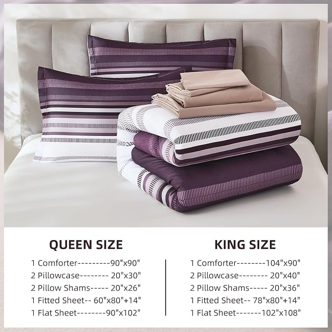Dobuyly Purple Comforter Set Queen Size 7 Piece, Boho Striped Bed in a Bag Queen Soft Microfiber Bedding Sets with Comforter, Sheets, Pillowcases & Shams All Season