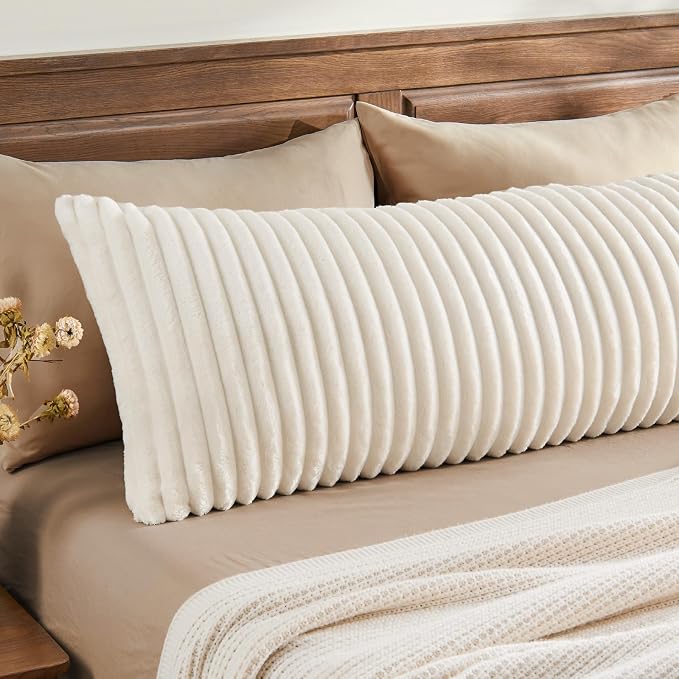 BEDELITE Fluffy Striped Body Pillow Cover with Zipper, Cream White, 20x54 | Ultra-soft Faux Fur with 13D Striped Texture, Comfy, Plush, and Cloud-like, Body Pillow Pillowcase for Bed Couch Room Decor