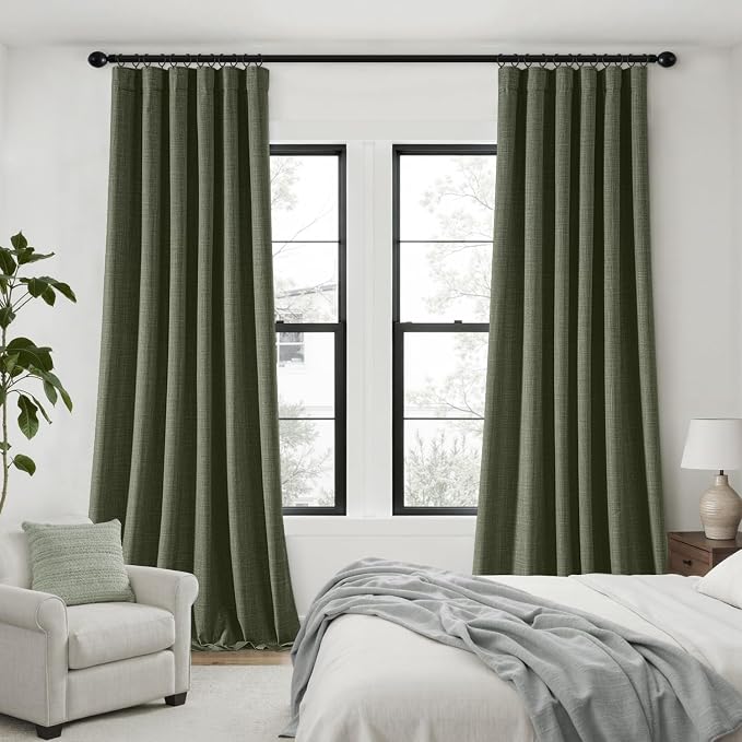 MIULEE 100% Blackout Back Tab Pleat Linen Curtains 50" Wx90 L,Olive Green | 2 Panels,Thick Faux Linen,Textured Drapes,with Hooks,for Bedroom Living Room,Black Out,Room Darkening