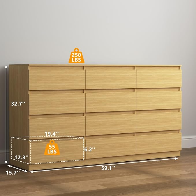 Vibe & Dine 12 Drawer Dresser, 59.1" Large Dresser for Bedroom Free Handle, Modern Wooden Chest of Drawers with Wide Storage for Living Room, Natural Wood
