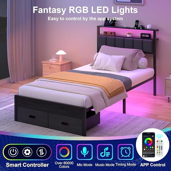 Twin Bed Frames with Storage Drawer, Platform Bed with Charging Station and LED Lights, Upholstered Headboard with 2-Tier Storage Shelves, No Box Spring Needed