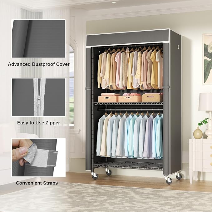 FUTASSI Black Clothing Rack with Dark Gray Cover, P1C Rolling Closets | Metal Garment Rack for Hanging Clothes, Clothing Storage Wardrobe, with Wheels