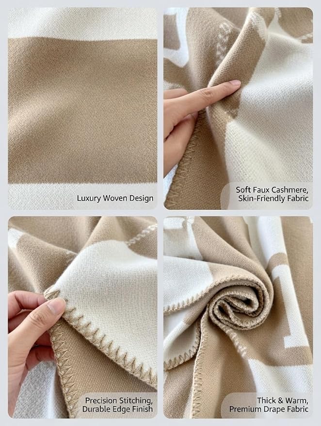 Fcteap h Blanket Soft Throw Blanket Faux Fleece Cashmere Plaid Warm Shawl Thick Knitted Plush Cozy Comfy for Women Throw Blanket for Sofa Couch Bed Queen King Size 55x66 in (Khaki-2)