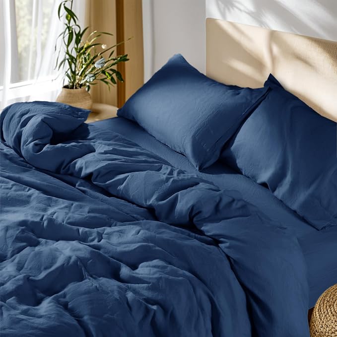 SONORO KATE 100% French Linen Queen Duvet Cover Set,Zipper Closure,3PC | Natural French Flax,Soft Breathable for Hot Sleepers,Moisture Wicking & Durable,4 Corner Ties,Navy Blue