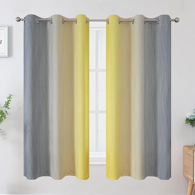 Yellow and Grey Ombre Blackout Curtains for Living Room 42Wx63L Inch Length | Estelar Textiler Room Darkening Gradient Curtains for Boys Bedroom,Thermal Insulated,Light Blocking Grommet Drapes,2 Panels