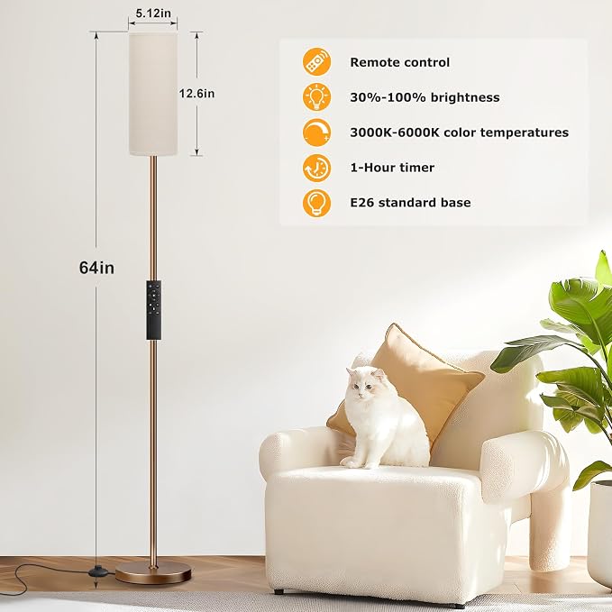 64'' Floor Lamps for Living Room with Remote Control and Stepless Dimmable Colors Temperature & Brightness, 9W Bulb Included(Beige Lampshade & Brown Pole)