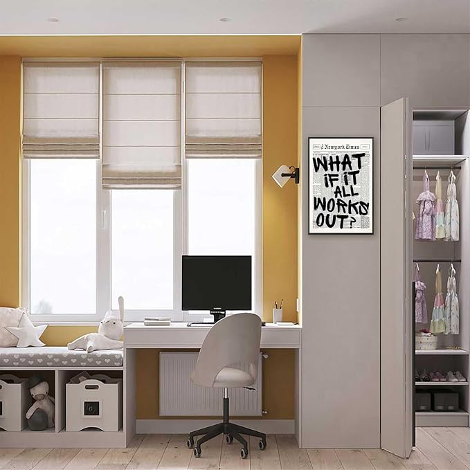 Retro Black And White Newspaper Poster What If It All Works Out Canvas Wall Art Positive Affirming Quote Minimalist Prints Painting For Home Bedroom Dorm Wall Decor 16x24in Framed