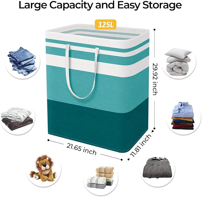 HomeHacks 2 Pack Large Laundry Baskets, Laundry Hampers Bags (Green 125Lx2) | Waterproof, Freestanding, Collapsible Clothes Hamper with Reinforced Handles in Laundry Room, Dorm, Bathroom, Bedroom