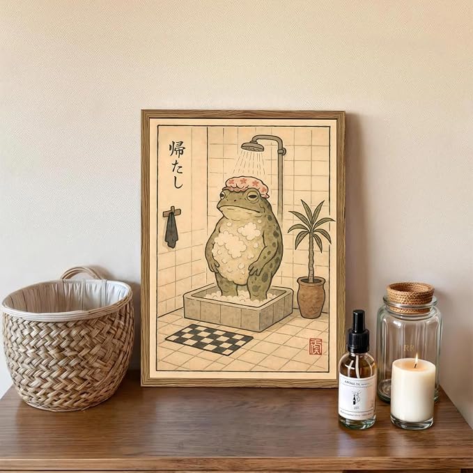 Funny Japanese Frog Bathroom Wall Art Whimsical Frog Shower Wall Decor 12x16 inch Wood Framed, Eclectic Japan Animal Bathroom Poster Painting Canvas Prints Aesthetics