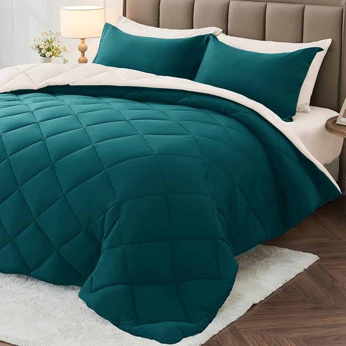 7 Pieces Queen Comforter Set, Reversible Bed in a Bag Queen Size, All Season Bedding Set with Comforter, Flat Sheet, Fitted Sheet, Pillowcases & Shams, Peacock Blue & Ivory
