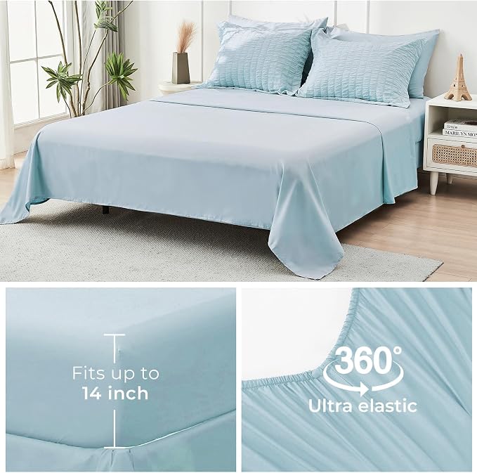 HYMOKEGE Lake Blue Queen Comforter Set Seersucker 7 Pieces, All Season Luxury Bed in a Bag for Bedroom, Bedding Set with Comforters, Sheets, Pillowcases & Shams