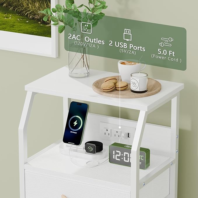 Furnulem White Nightstand with Charging Station, 3 Drawers Bedside Table | 28.3 Inch Tall Dorm Night Stand with Fabric Drawers, Storage End Table with Outlets, Small Dresser for Bedroom, 3 Ways to Use