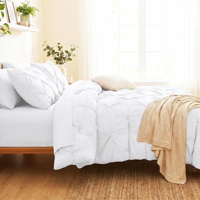 Queen Comforter Set White, 7 Pieces Pintuck Bed in a Bag | OEKO-TEX 100 Certified, 240GSM All Season, Bedroom, Guest Room, Down-Alternative Comforter, Sheets, Pillowcases & Shams