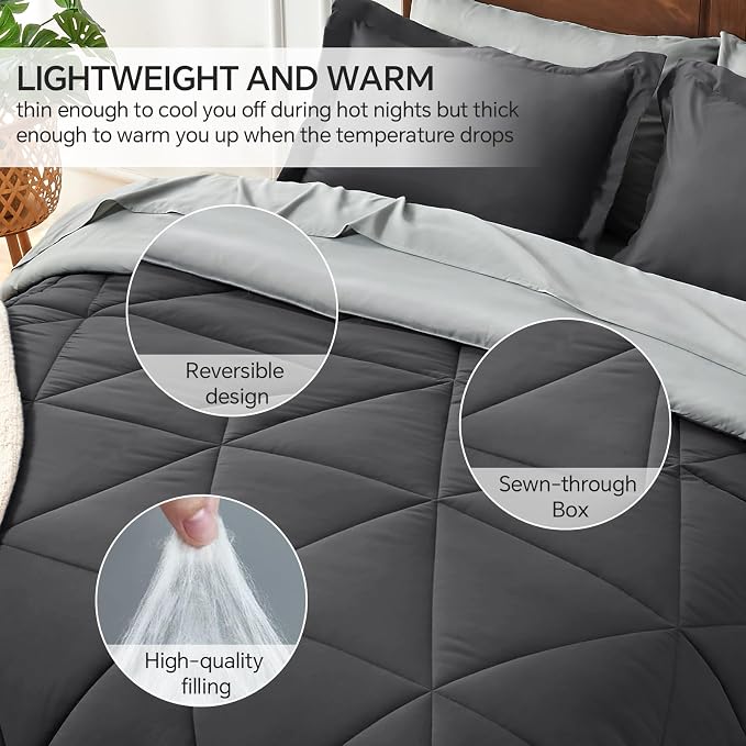 BEDELITE Queen Comforter Set 7 Pieces, Charcoal Black Bed in A Bag | Soft All Season Down-Alternative Comforter, Sheets, Pillowcases & Shams, OEKO-TEX Certified Bedding for Bedrrom, Guest Room
