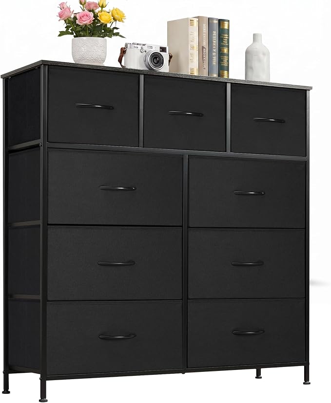 9-Drawer Dresser Anti-Tip Tall Storage Organizer | Chest of Drawers with Wooden Top and Metal Frame Fabric Bins for Bedroom, Closet, Hallway, Entryway, Ink Black