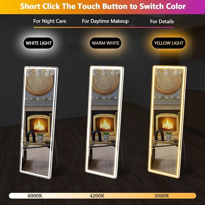 Sweetcrispy LED Full Length Floor Mirror, 60"x16" Lighted Full Body Mirror | Standing Mirror with Dimming & 3 Color Lighting, Shatterproof Tempered Glass, Wall Hanging or Leaning for Home Decor, White
