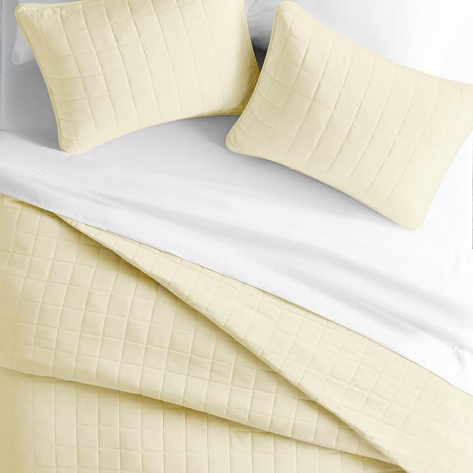 Merit Linens Classic Quilt Coverlet Soft Set in Square Stitching - King/Cal-King Yellow