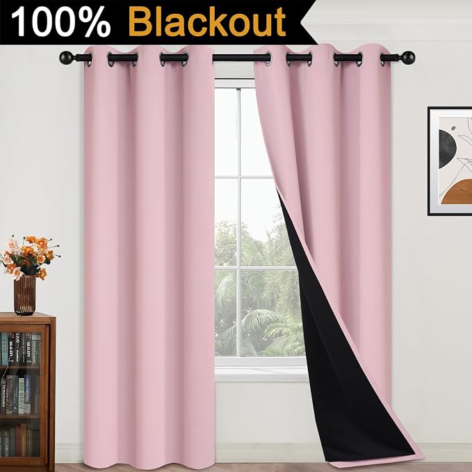 Yakamok Pink 100% Blackout Curtains 84 Inches Long for Bedroom 42" Wide | Blackout Curtain Panels for Bedroom, 2 Thick Layers Grommet Top Thermal Insulated Drapes with Black Liner for Living Room