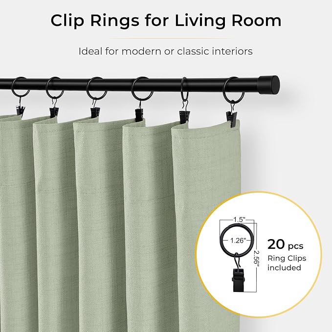INOVADAY Sage Green Curtains 100% Blackout Curtains for Living Room 50X96 | Black Out Curtain 96 Inch Long for Bedroom 2 Panels, Clip Rings Linen Look Blackout Drapes, Thermal Insulated Room Darkening