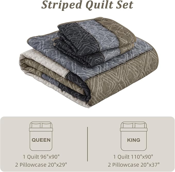 Cottolester Boho Quilt Set King,Black Taupe Striped Plaid Coverlet Set | Lightweight Bedspreads with 2 Pillow Shams,Soft Microfiber,All Season Bed Coverlets for Bedroom Guest Room 110"x90"