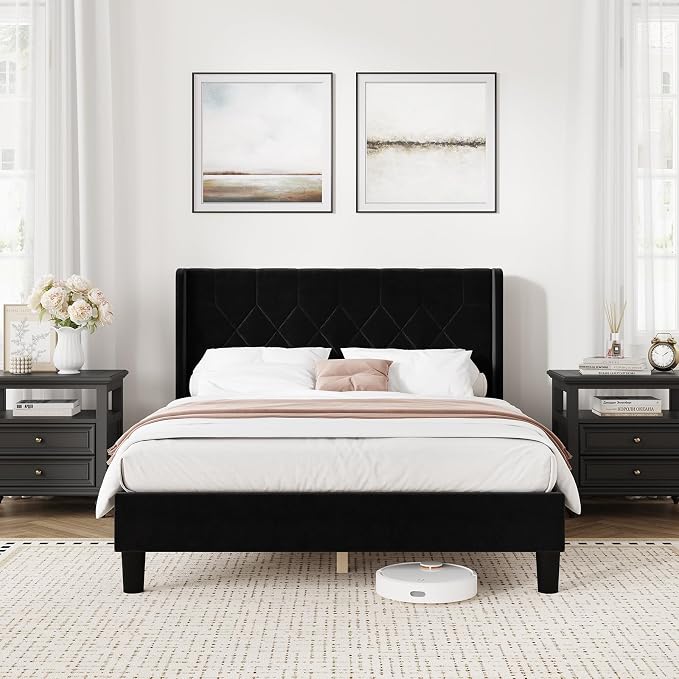 Novilla King Size Bed Frame, King Bed Frame and Headboard, Velvet Upholstered Pull-Point Wingback Headboard, No Box Spring Needed, Heavy Duty Feet, Easy Assembly, Black Velvet
