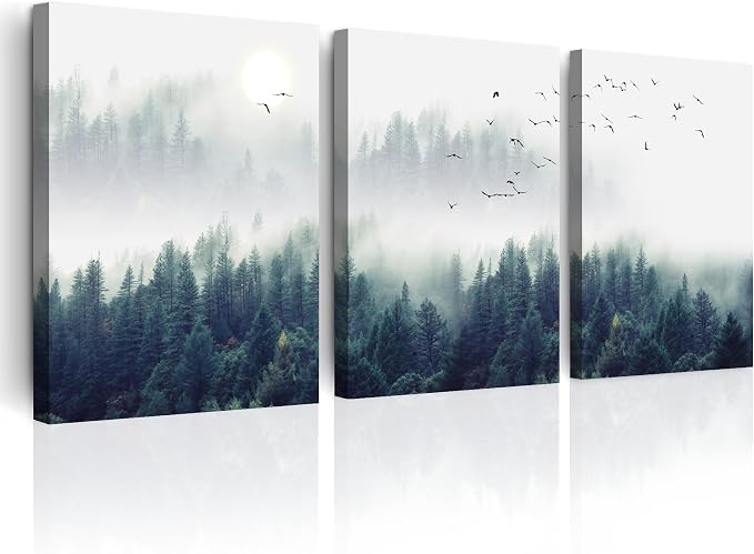 3 Piece Canvas Wall Art for Living Room - Misty Forests of Evergreen Coniferous Trees in an Ethereal Landscape - Modern Home Decor Stretched and Framed Ready to Hang - 16"x24"x3 Panels wall decor