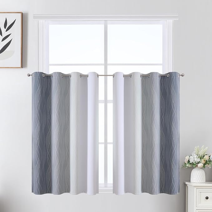 Grey and Greyish White Ombre Blackout Curtains for Bedroom 36 Inch Long | Estelar Textiler Gray Thermal Insulated,Grommet Small Half Window Drapes for Cafe/Basement/RV Camper/Kitchen,52Wx36L,2 Panels