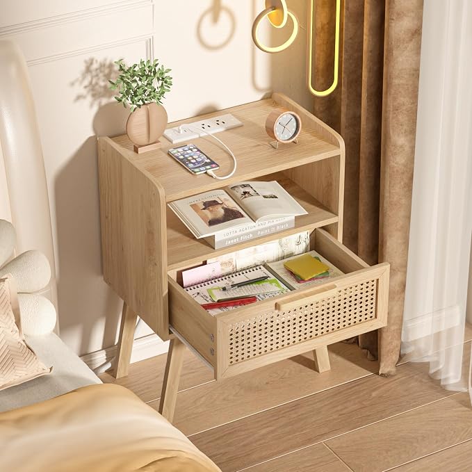 Lerliuo Rattan Nightstand with Charging Station, Boho Night Stand | Handmade Natural Rattan Drawer, Cane Accent Side End Tables with Solid Wood Legs for Bedroom, Dorm, Small Spaces