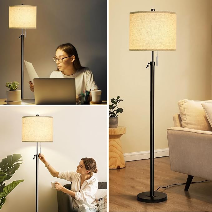 Qingmiao Adjustable Height Floor Lamp for Living Room, Black Standing Lamp for Bedroom Office, Modern Tall Lamp with Linen Shade, 3-Way Dimmable 8W 3000K LED Blub Included (Black)