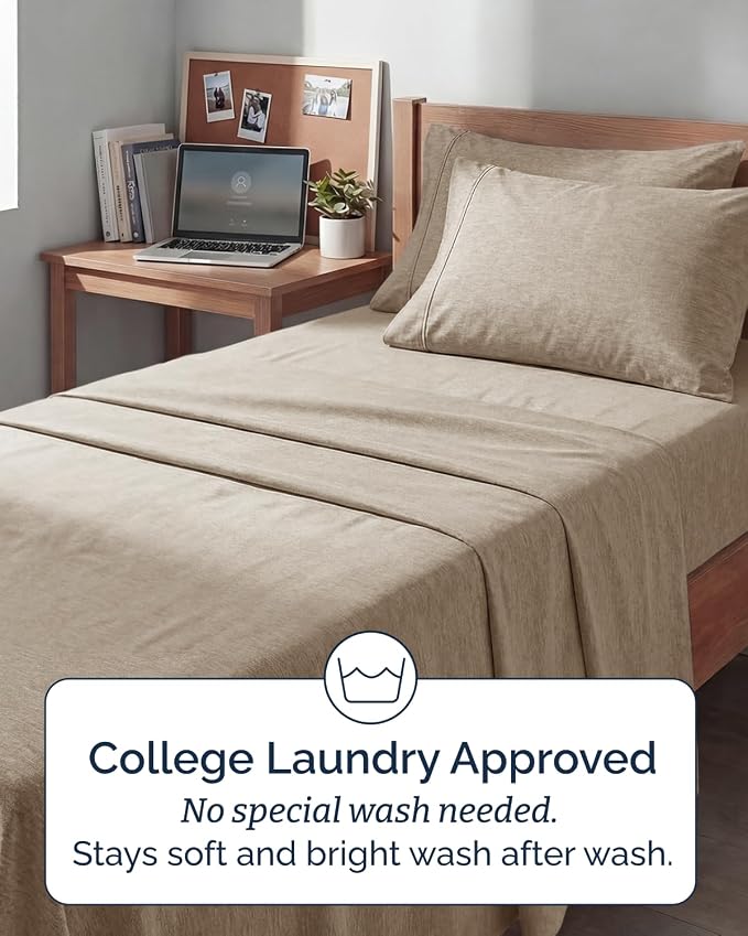 Extra Deep Twin XL Sheet Set - 4 Piece College Dorm Room - Heathered Beige | College Dorm Room Essentials, Easy & Secure Fit, Ultra-Soft, Wrinkle & Fade Free, Comfy Sheets Set with Extra Deep Pockets