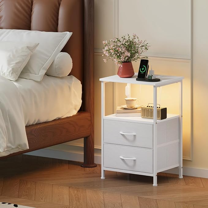 Somdot Nightstand with 2 Drawers, Charging Station & LED Light | Fabric-Bin Dresser for Bedroom, Bedside, Kids Room, Dorm, Closet, Laundry and Entryway, White