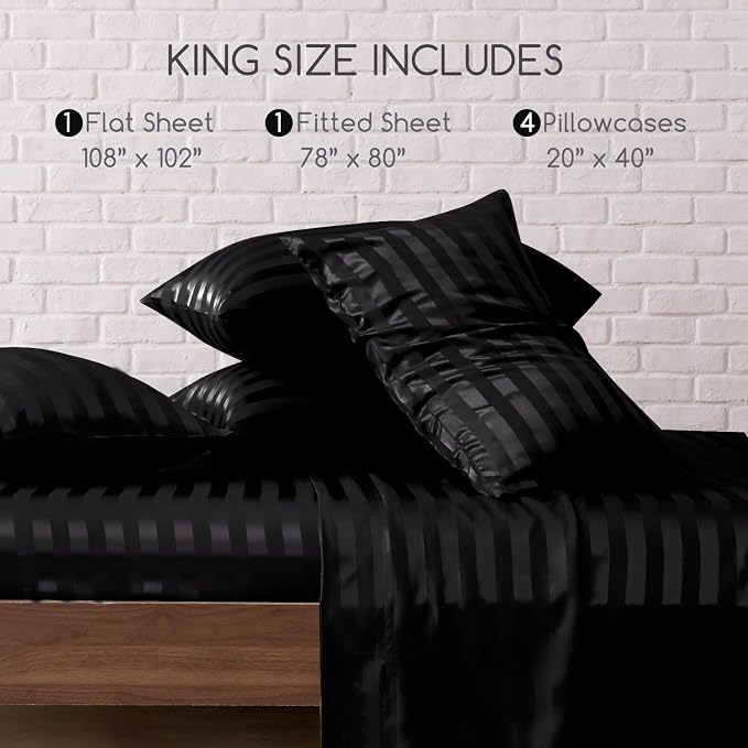 MR&HM Satin Sheets King Size with Elastic Corner Straps, Black Striped | Similar to Silk, 6-Piece Silky Soft Bed Sheet Set, Gentle on Skin and Hair, 15" Deep Pocket, Cooling & Breathable