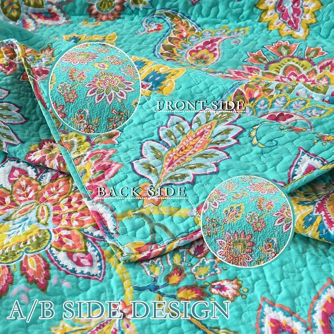 Wistown Cotton Bedspread Bedding Coverlet Quilt Sets, Reversible Vintage Branch Floral Bedspread comforters, (Vintage Turquoise Paisley Floral Pattern, Queen Size)