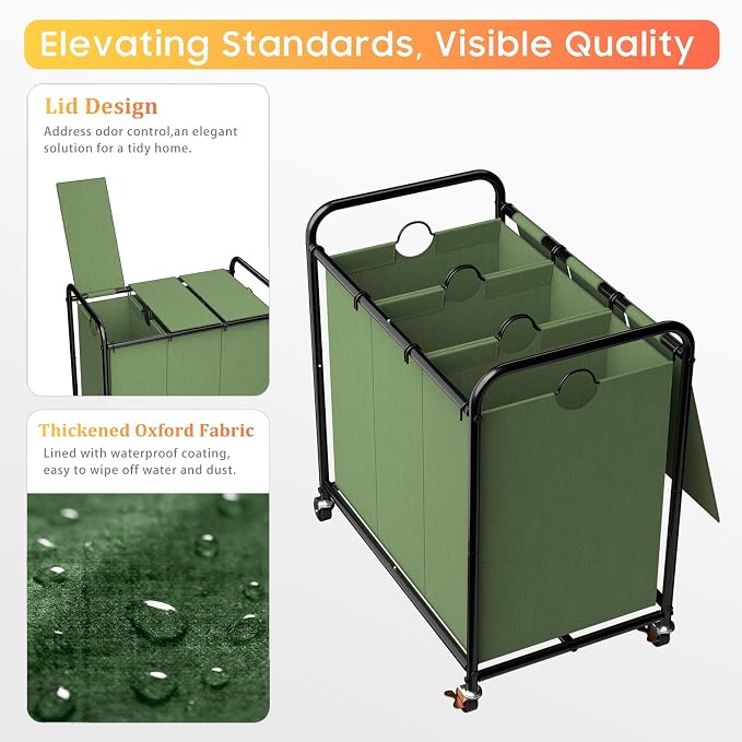 180L Laundry Sorter 3 Section, Rolling Laundry Basket with Wheels and Lid | 47.55 Gal Laundry Hamper, 3 Separated Removable Bags, Lockable Wheels, Dirty Clothes Hamper for Laundry Room Organizer, Green