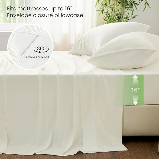 Love's cabin 3 Piece Twin Sheet Set, 100% Rayon Derived from Bamboo, Cooling & Breathable, Soft Silky Deep Pocket up to 16", Hotel Luxury Bedding for Hot Sleepers, Ivory