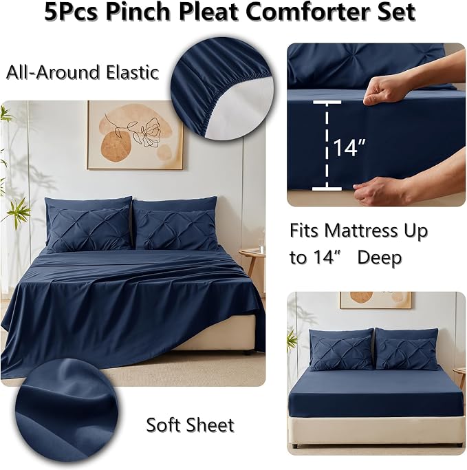 Twin Comforter Set Navy Blue, 5 Pieces Pintuck Bed in a Bag | College Dorm Essentials, OEKO-TEX 100 Certified, 240GSM All Season, Down-Alternative Comforter, Sheets, Pillowcase & Sham