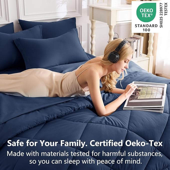 King Size Comforter Set Navy - 7 Pieces Complete Bedding Set | OEKO-TEX Certified, All Season, 240GSM Down-Alternative Comforter, Sheets, Pillowcases & Shams, 14" Deep Pocket, Easy Care