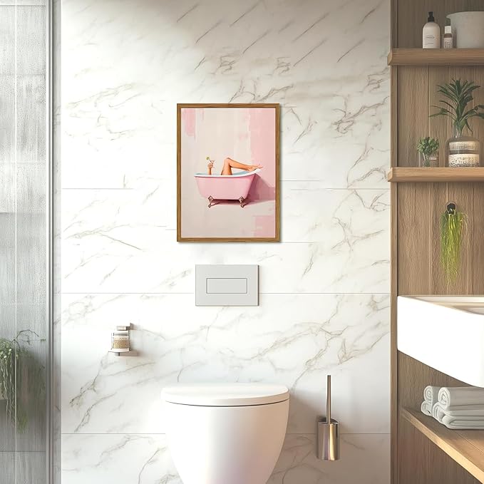 Funny Pink Girl Bathroom Wall Art, Cute Girly Bathtub Wall Decor Painting Trendy Pastel Woman and Martini Bathroom Poster Canvas Print Artwork 16x24 inch Framed