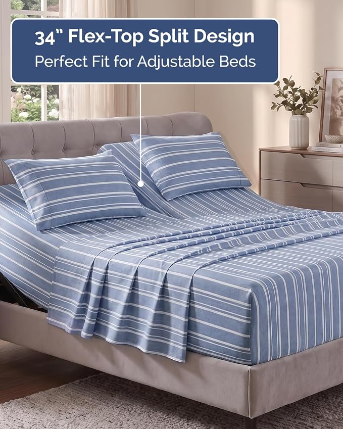 Flex Top Split Head King Sheet Set - 4 Piece Extra Deep - Blue Stripes 3 | Easily Fits 18 to 24 inch Mattress, Ultra Soft, Wrinkle & Fade Free with Extra Deep Pockets, Comfy Hotel Luxury Bedding