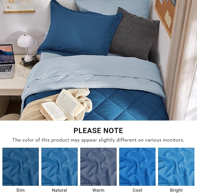 5 Pieces Twin XL Comforter Set, Reversible Bed in a Bag Twin XL Size, All Season Bedding Set with Comforter, Flat Sheet, Fitted Sheet, Pillowcases & Shams, Teal & Lake Blue
