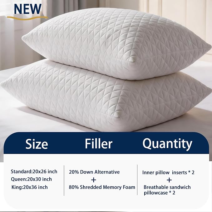Memory Foam Pillows for Side Sleepers,Firm Bed Pillows Queen Size Set of 2 | Adjustable,with Washable Removable Cover,Support,Cooling and Breathable for Hot,Side,Back,Stomach Sleepers,Hypoallergenic