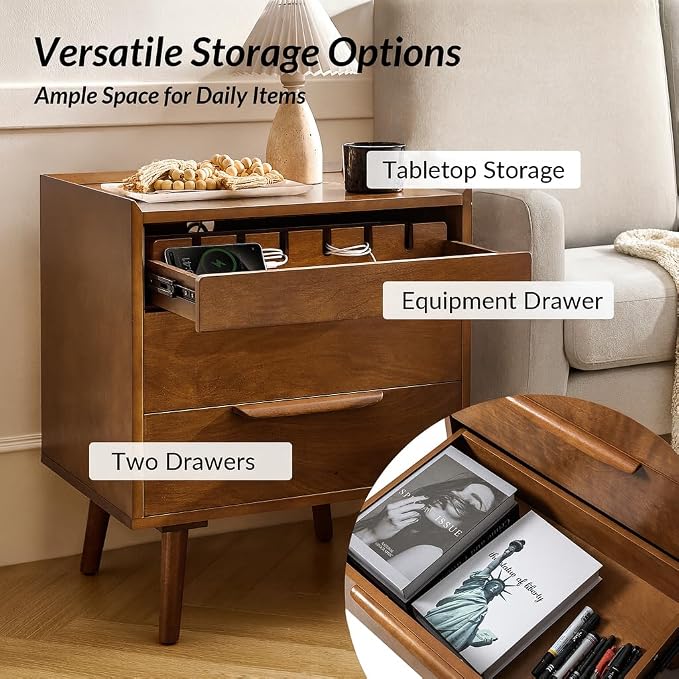 HULALA HOME 2-Drawer End Table with Charge Station, Acorn | Mid-Century Modern Style, Pull-Out Shelf, Wood Legs, Cable Management