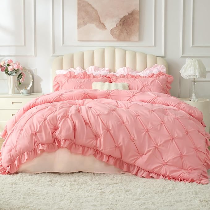 BEDELITE Queen Comforter Set Ruffle-Pink,Lightweight & Soft Comforter | Pintuck Boho Bedding, Warm & Cute Bed Set for All Season,With 2 Pillowcases