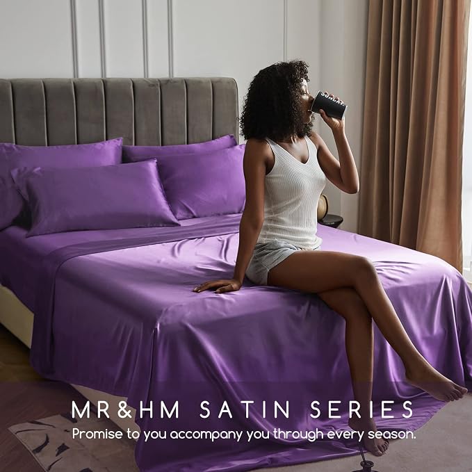 MR&HM Satin Sheets Queen Size with Elastic Corner Straps, Lavender | Similar to Silk, 6-Piece Silky Soft Bed Sheet Set, Gentle on Skin and Hair, 15" Deep Pocket, Cooling & Breathable