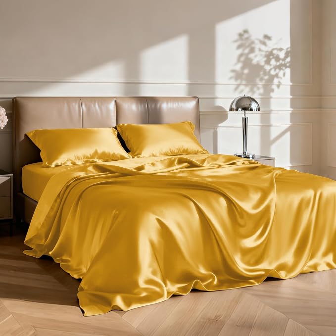 Love's cabin Full Size Satin Sheet Sets - 4 Piece Gold Silky Sheet Set with Deep Pocket, Luxury Silk Feel Satin Sheets Full Bedding Set (1 Flat Sheet,1 Fitted Sheet,2 Pillow Cases)