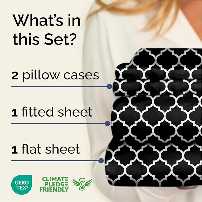 Queen 4 Piece Striped Sheet Set - Breathable & Cooling - Black Quatrefoil | 1 Flat, 1 Fitted & 2 Pillowcases w/ Deep Pockets, Luxury Striped Bedding, Soft, Breathable & Cooling, Wrinkle & Fade Free