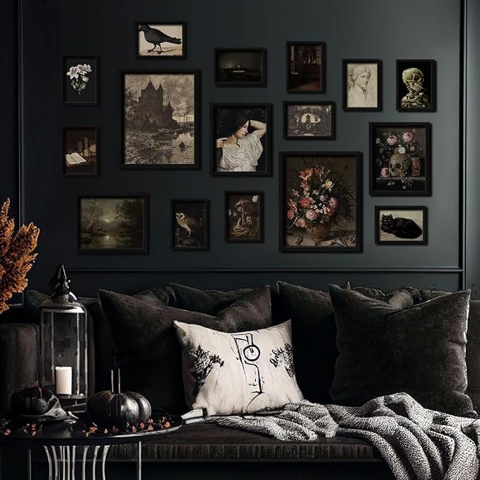 16 PCS Framed Dark Academia Room Decor, Gothic Home Decor, Moody Wall Art Prints for Bedroom, Gallery Wall Frame Set, Witchy Posters for Living Room Aesthetic, Halloween Dorm Collage Kit